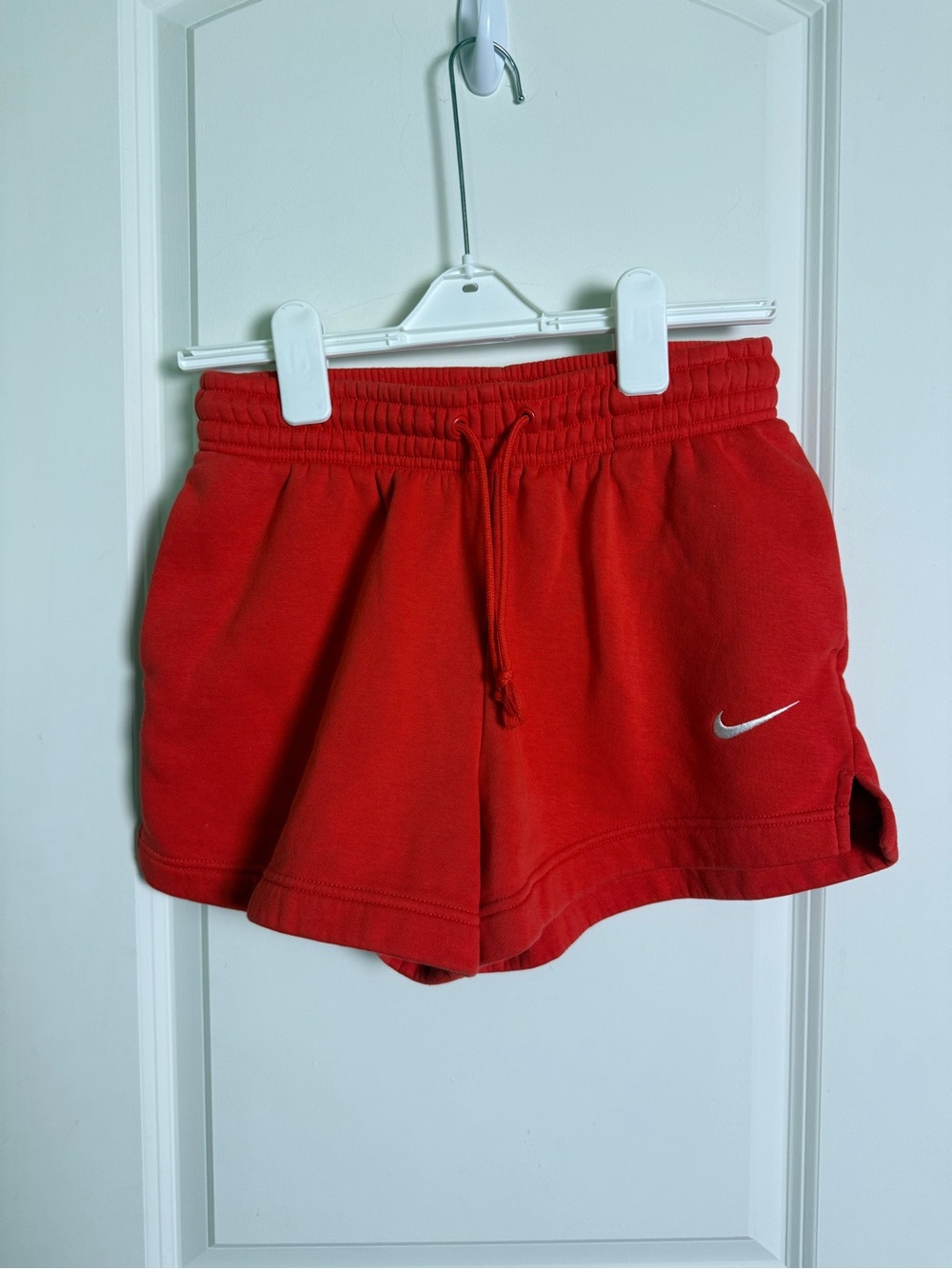 Nike Women's Red Athletic Fleece Shorts with White Swoosh
